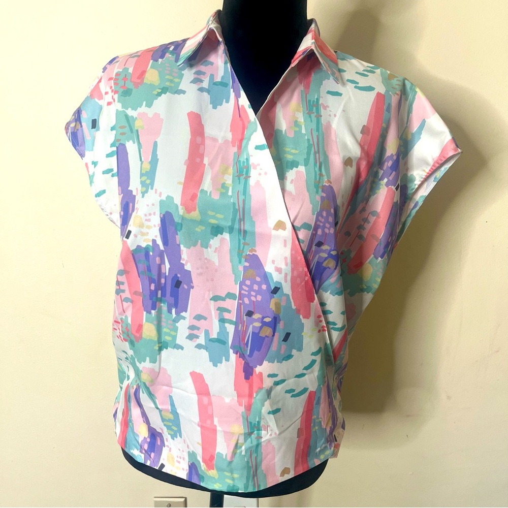 FRNCH Paris Women’s Pastel Watercolor Short Sleeve‎ Wrap Blouse Sz M/L NWT